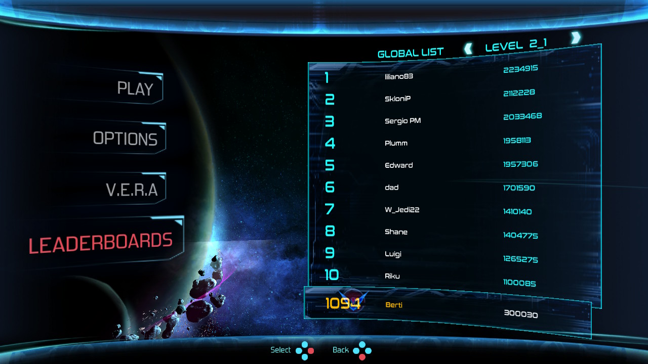 Screenshot: Dimension Drive online leaderboards of Level 2_1, showing Berti at 1094th place with a score of 300 030
